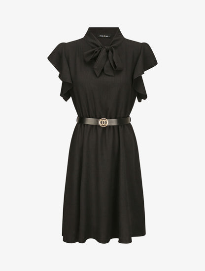 Robe à col lavallière et mancherons volantés - Noir - 1