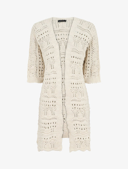 Gilet long en maille ajourée à manches 3/4 - Beige - 1