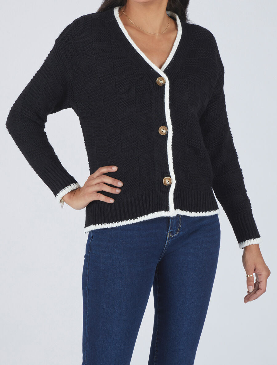 Gilet col V en maille stylisée - Noir - 4