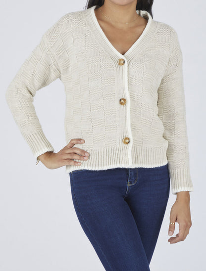 Gilet col V en maille stylisée - Beige - 4