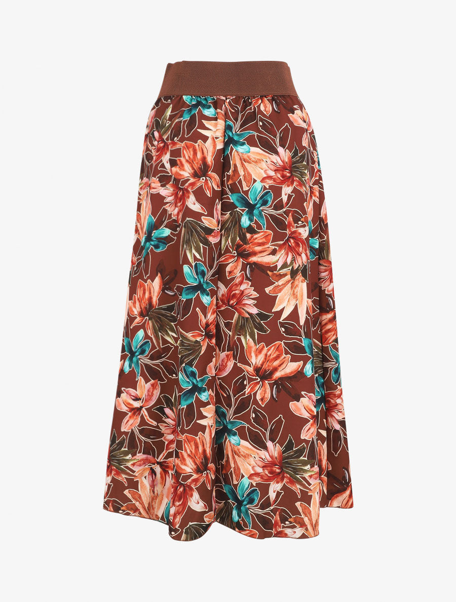 Jupe longue imprimé fleurs à taille haute - Marron - 2