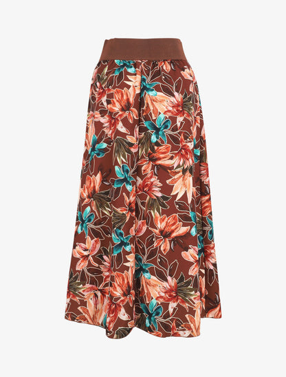 Jupe longue imprimé fleurs à taille haute - Marron - 2