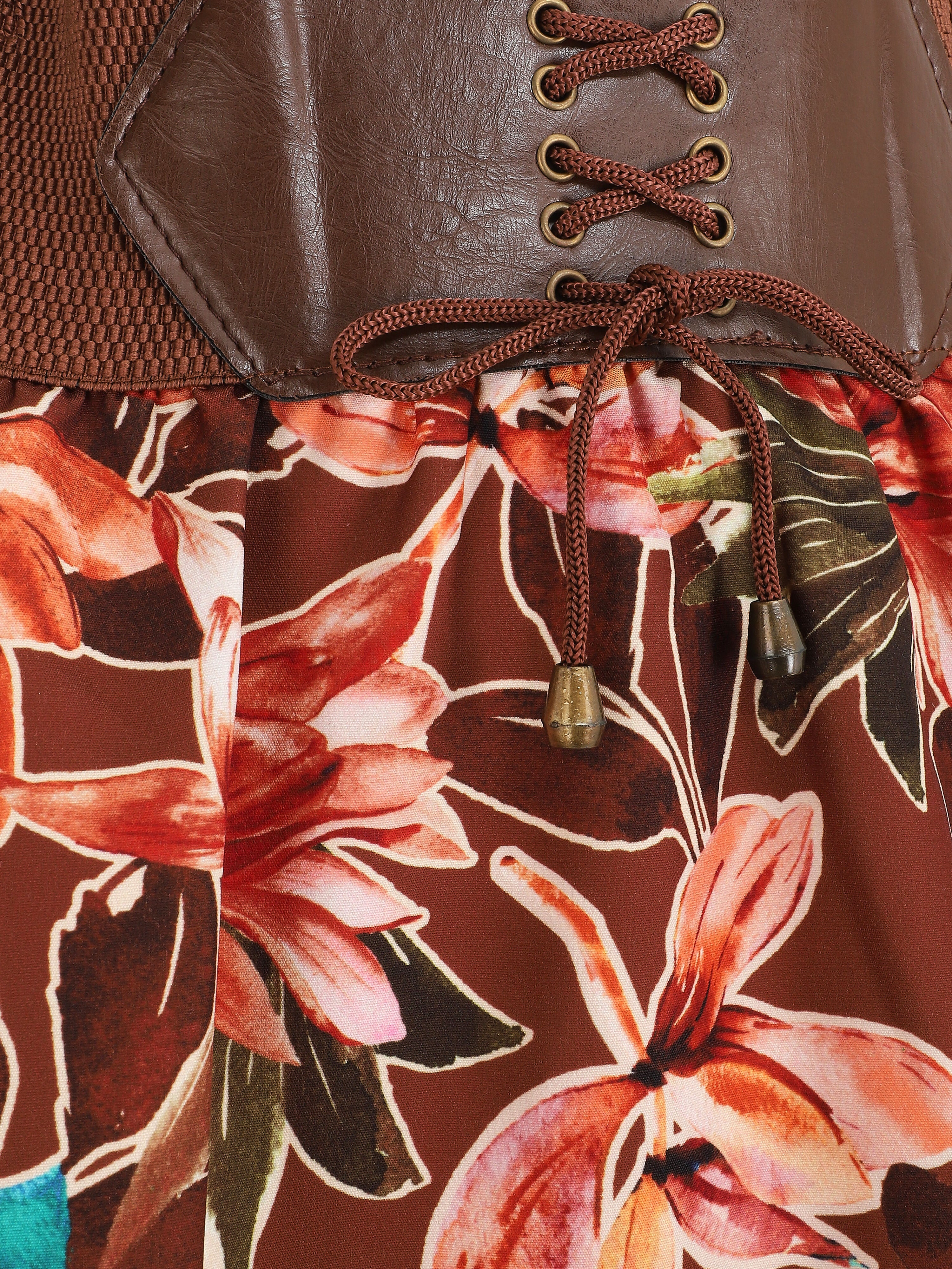 Jupe longue imprimé fleurs à taille haute - Marron - 3