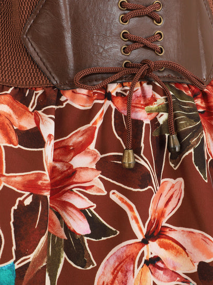 Jupe longue imprimé fleurs à taille haute - Marron - 3