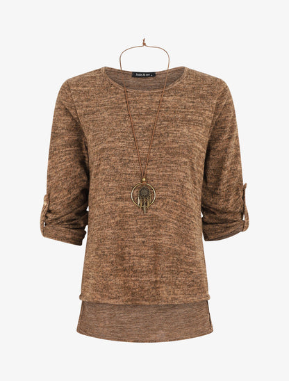 Pull à base asymétrique et manches retroussables - Camel - 1