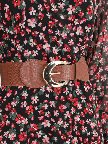 Robe mi-longue à imprimé petites fleurs - Noir - 3