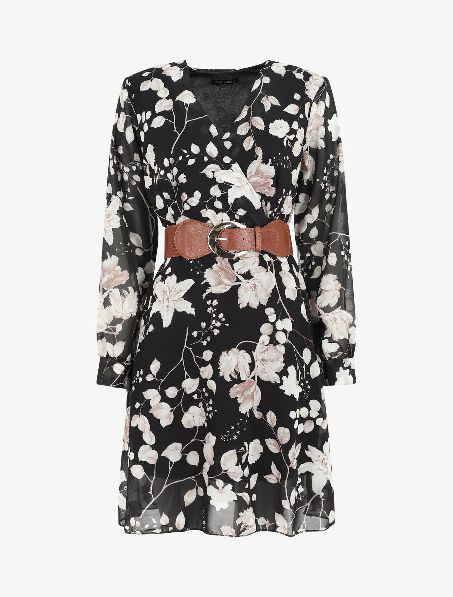 Robe mi-longue à imprimé fleuri - Noir - 1