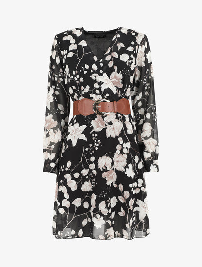 Robe mi-longue à imprimé fleuri - Noir - 1