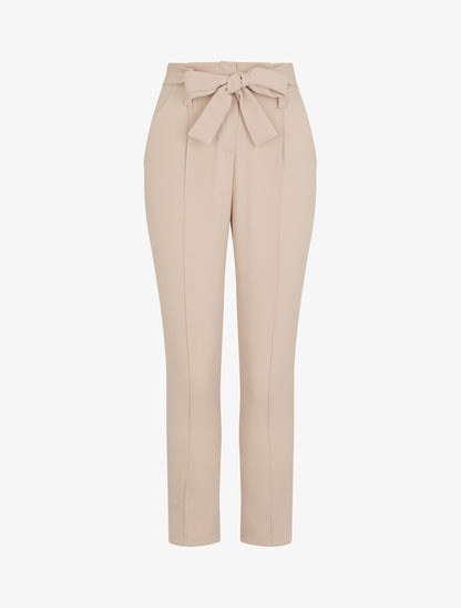 Pantalon fluide uni à taille élastiquée - Beige - 1