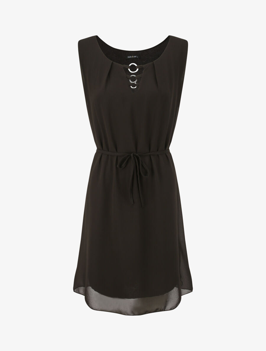 Robe en voile à col rond à détail anneaux - Noir - 4
