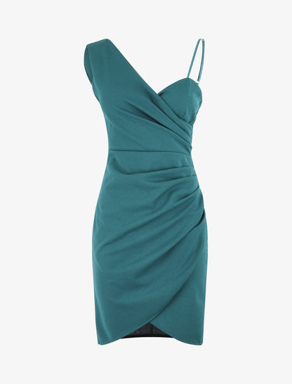 Robe fourreau à bretelles asymétriques - Bleu canard - 5