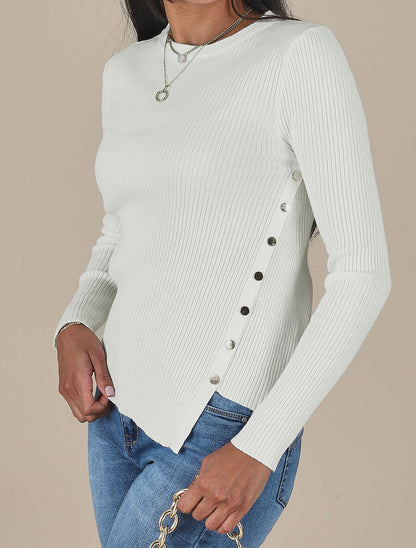 Pull uni côtelé à boutons dorés - Blanc - 4