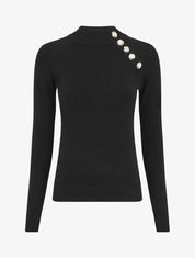 Pull uni à col montant et boutons décoratifs - Noir - 1