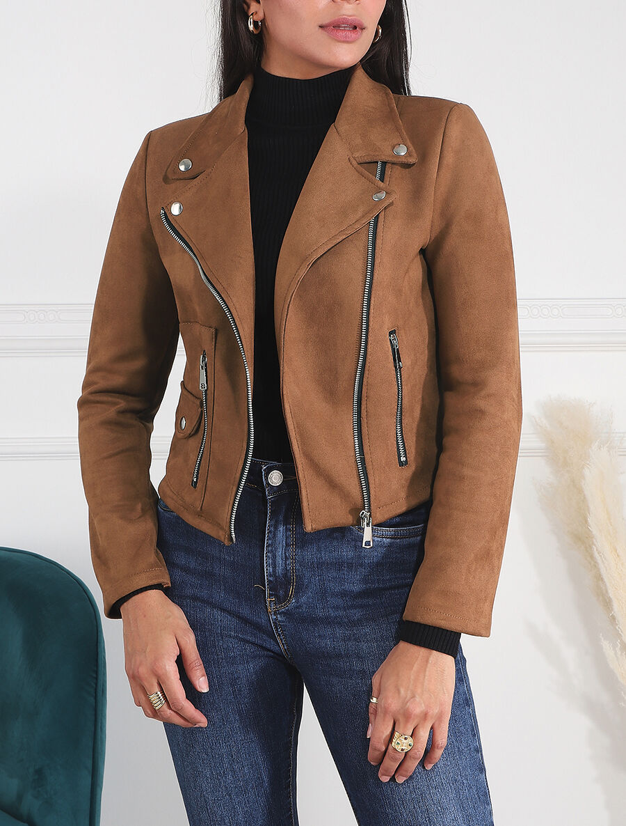 Veste style perfecto zippée en suédine - Café - 4