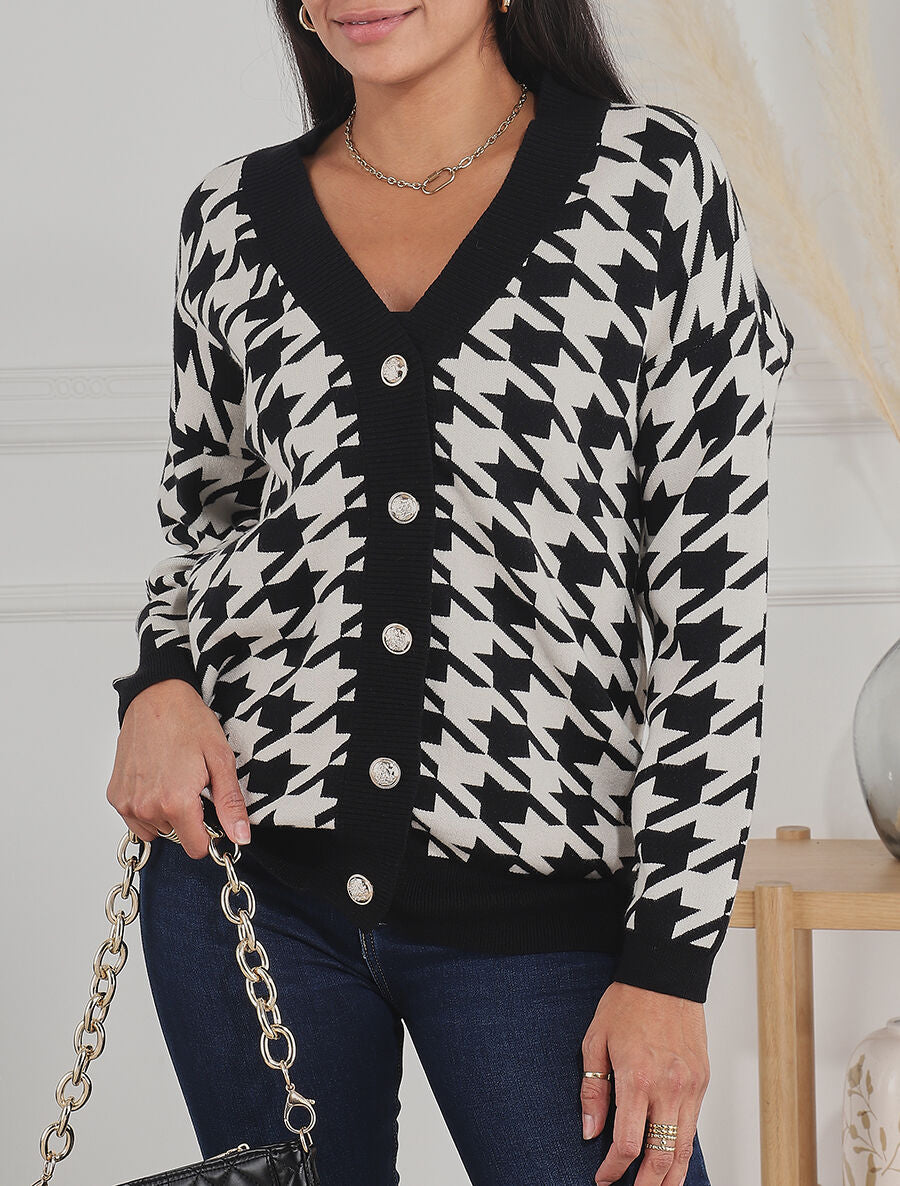 Gilet ample motif pied de coq - Noir/blanc - 1