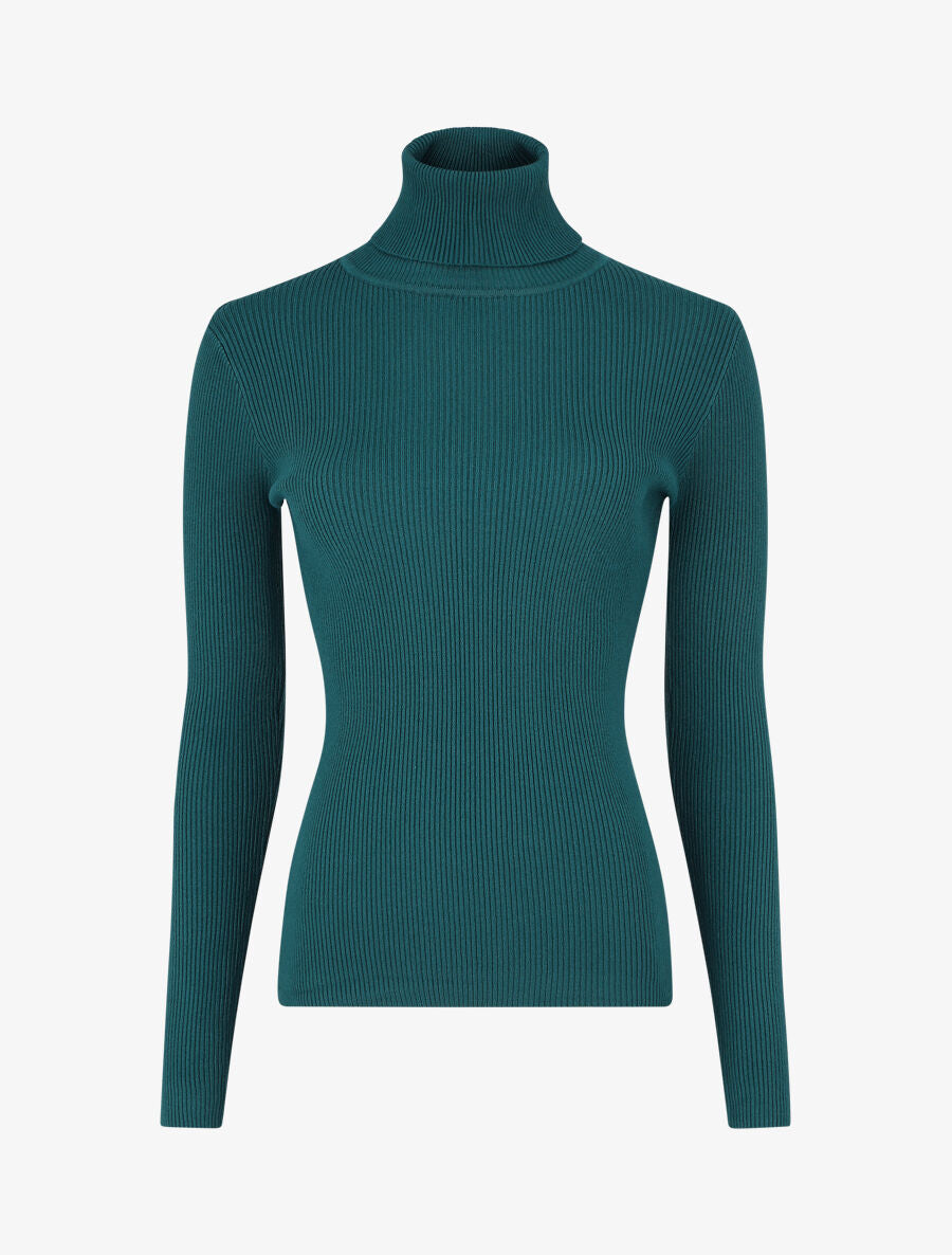 Pull col roulé uni ajusté - Bleu canard - 1
