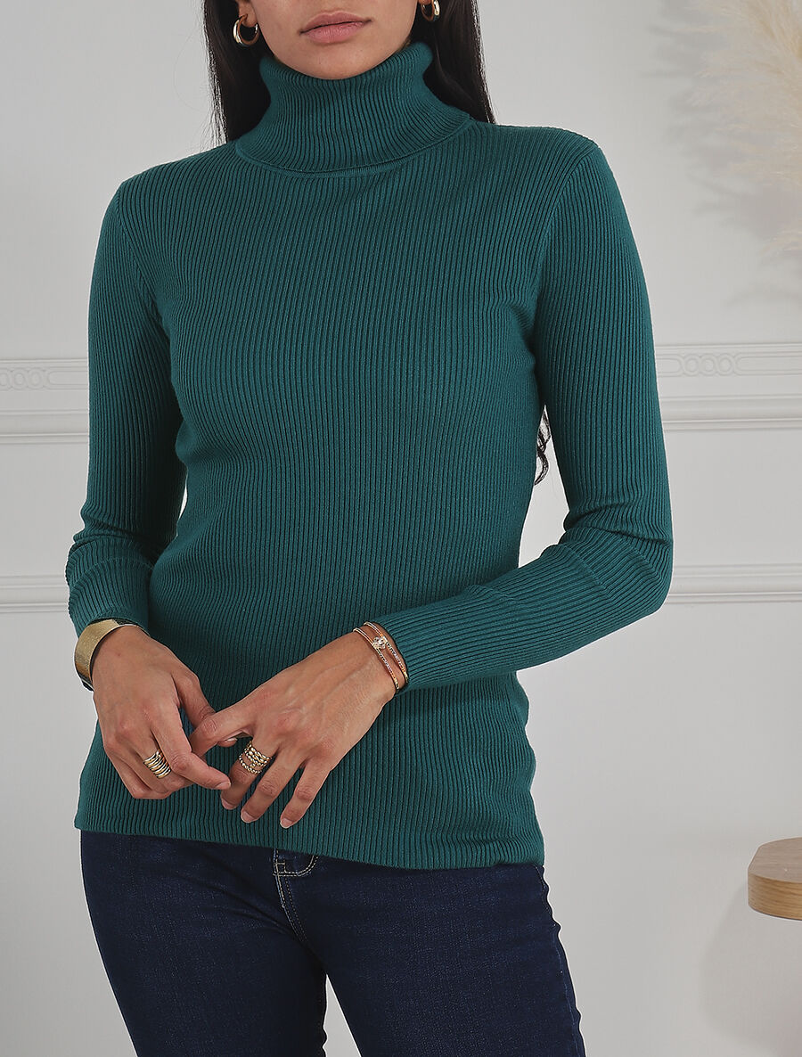 Pull col roulé uni ajusté - Bleu canard - 4