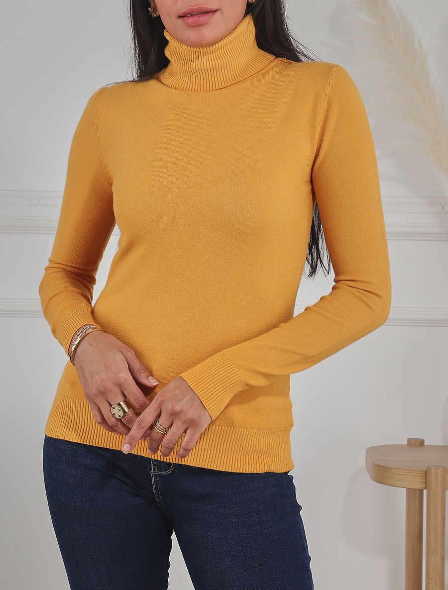 Pull fin uni col roulé - Jaune moutarde - 4