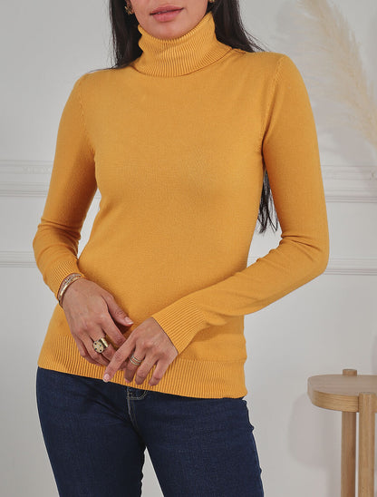 Pull fin uni col roulé - Jaune moutarde - 4