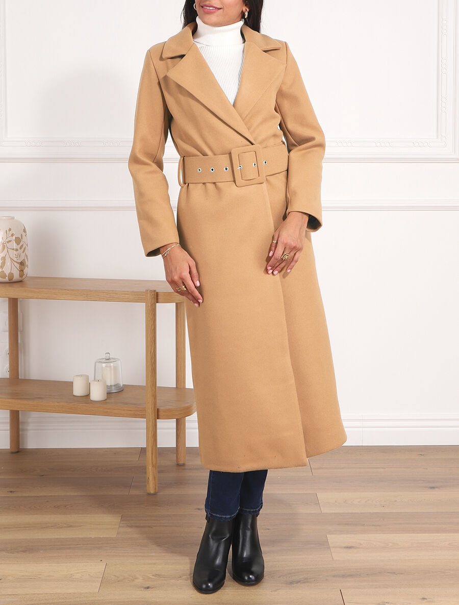 Manteau long boutonné et ceinturé - Camel - 4