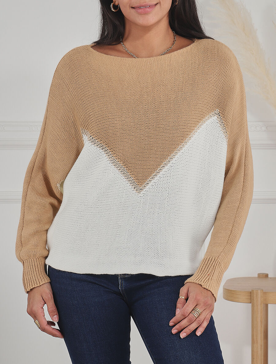 Pull bicolore à liseré doré zigzag - Beige - 4