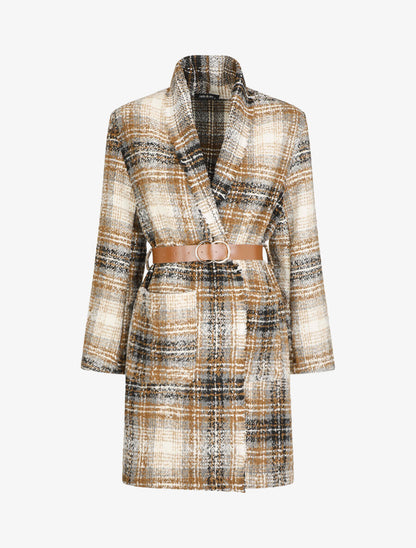 Manteau léger effet tweed motif carreaux - Camel - 5