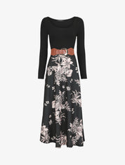 Robe longue empire à jupe fleurie - Noir - 5