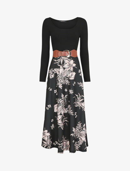 Robe longue empire à jupe fleurie - Noir - 5