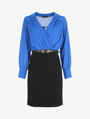 Robe fourreau à col cache-coeur - Noir/bleu roi - 1