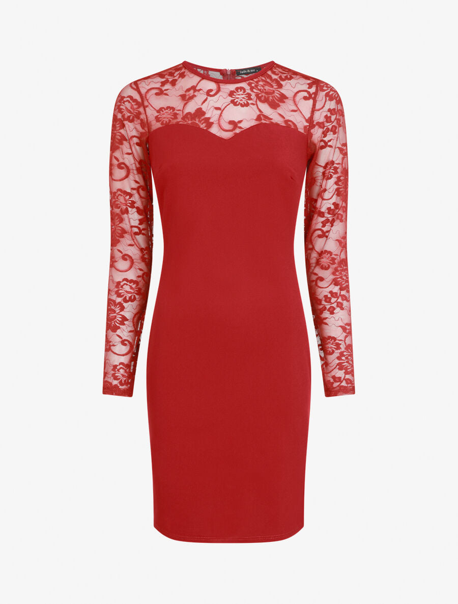Robe droite à manches en dentelle - Bordeaux - 5