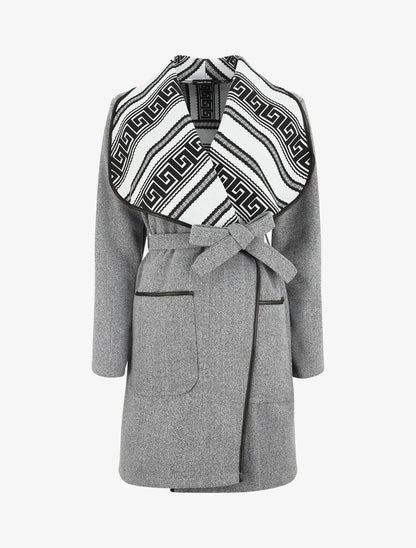 Manteau ceinturé à imprimé grec - Gris - 1