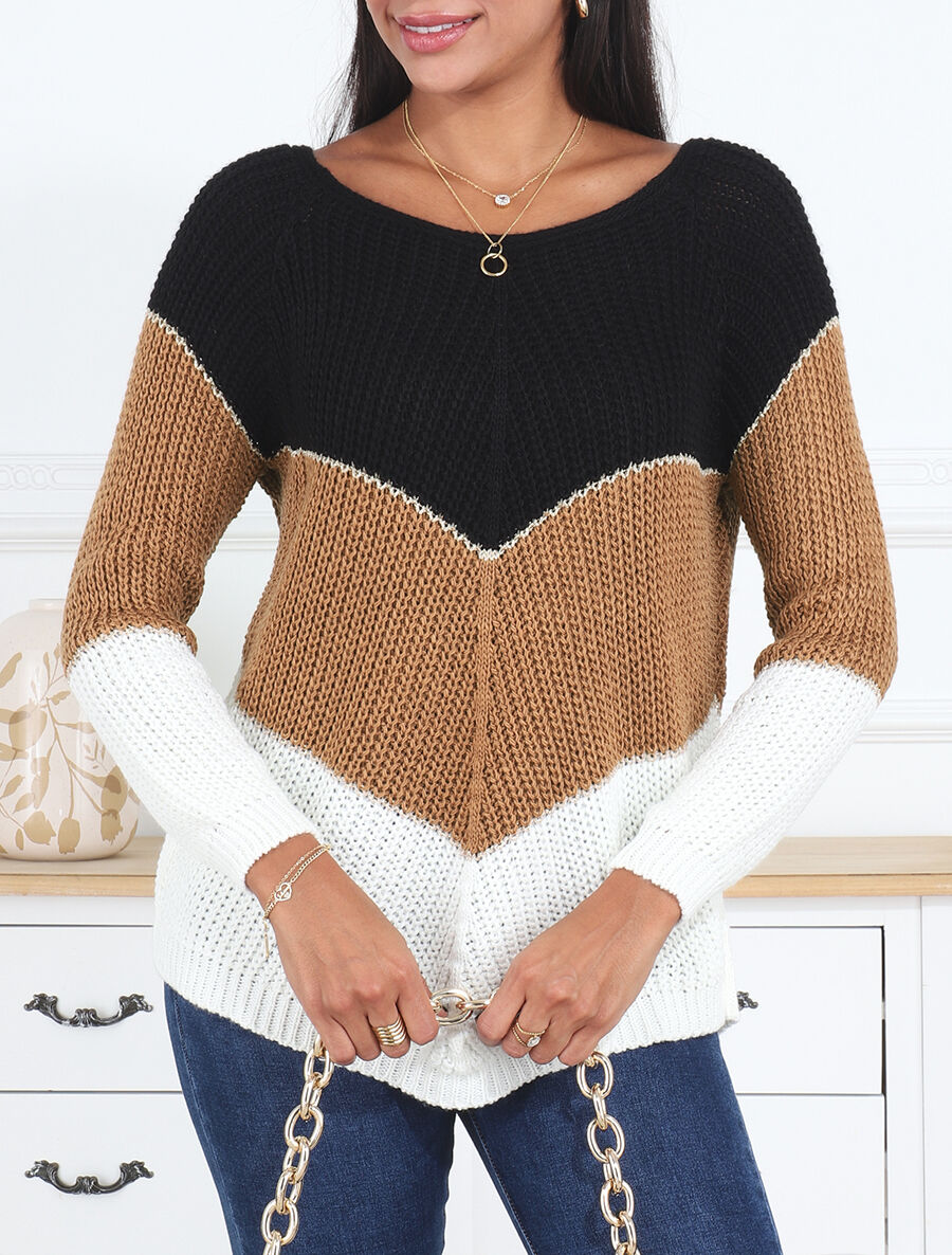 Pull en maille à motif V irisés - Noir - 4