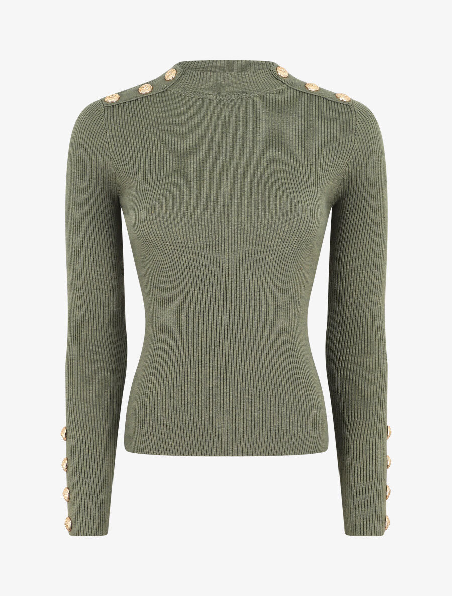 Pull col montant ajusté à boutons - Kaki - 1