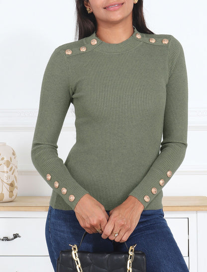 Pull col montant ajusté à boutons - Kaki - 4