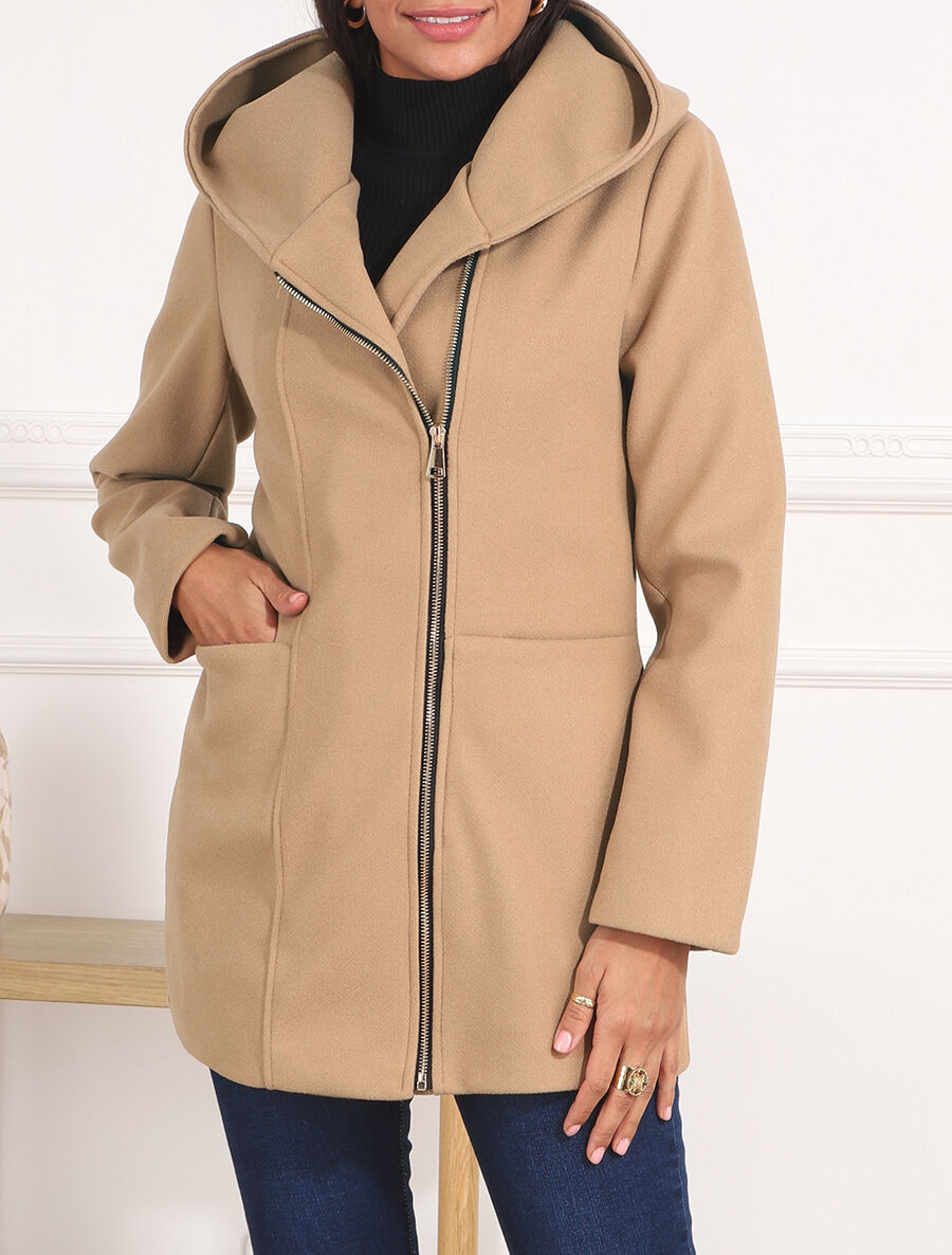 Manteau mi-long zippé à capuche - Camel - 3