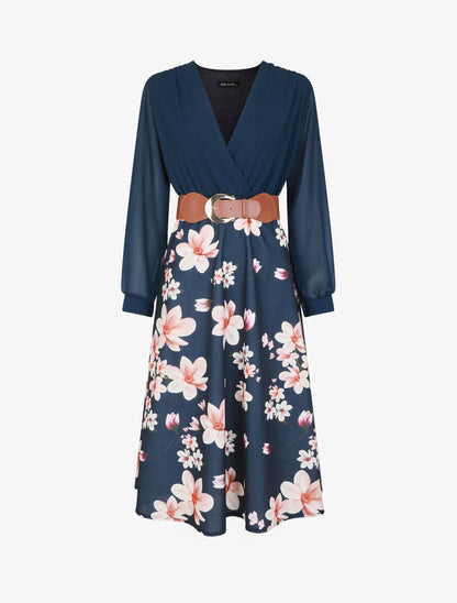 Robe longue à fleurs et col cache-coeur - Marine - 1