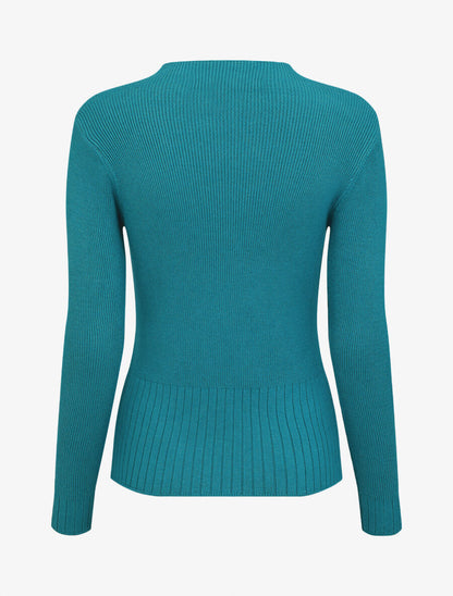 Pull uni côtelé à col montant - Bleu canard - 2