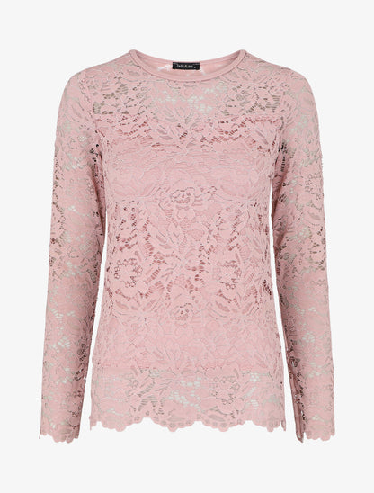 Top uni en dentelle à manches longues - Rose - 5
