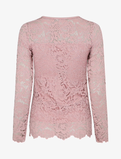 Top uni en dentelle à manches longues - Rose - 2