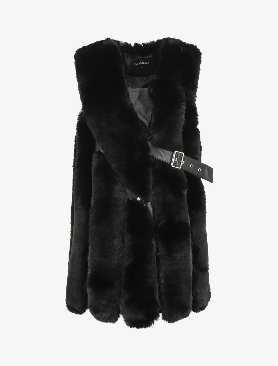 Manteau en fourrure synthétique sans manches - Noir - 4