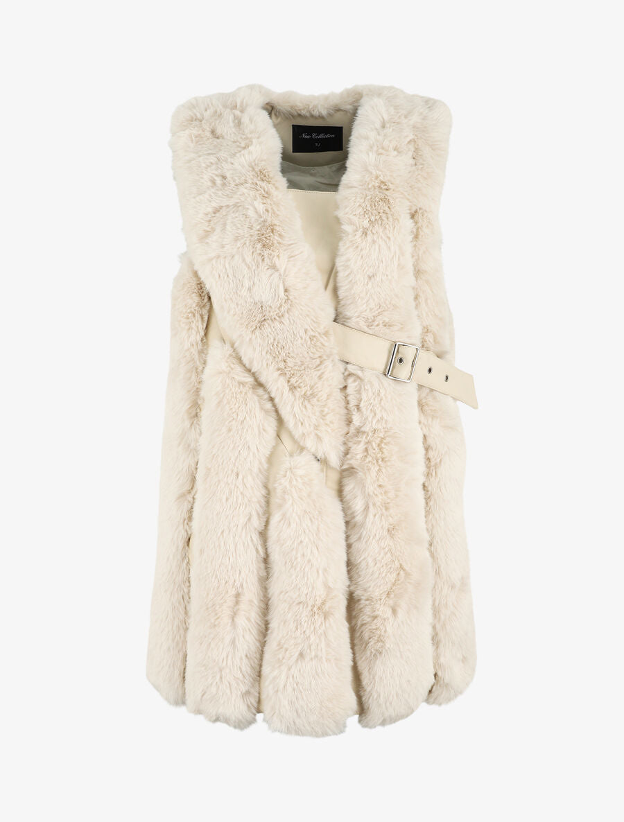 Manteau en fourrure synthétique sans manches - Beige - 4