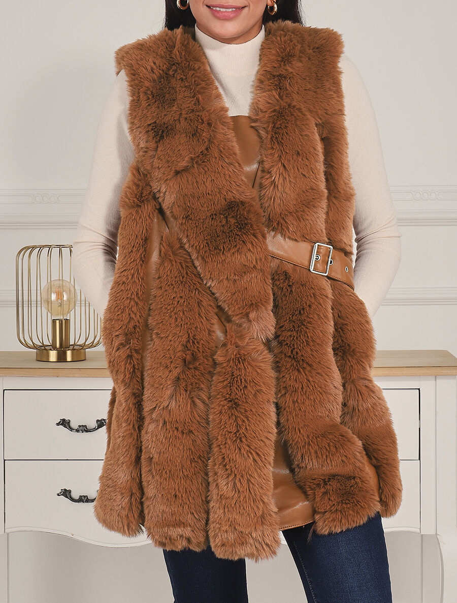 Manteau en fourrure synthétique sans manches - Camel - 3