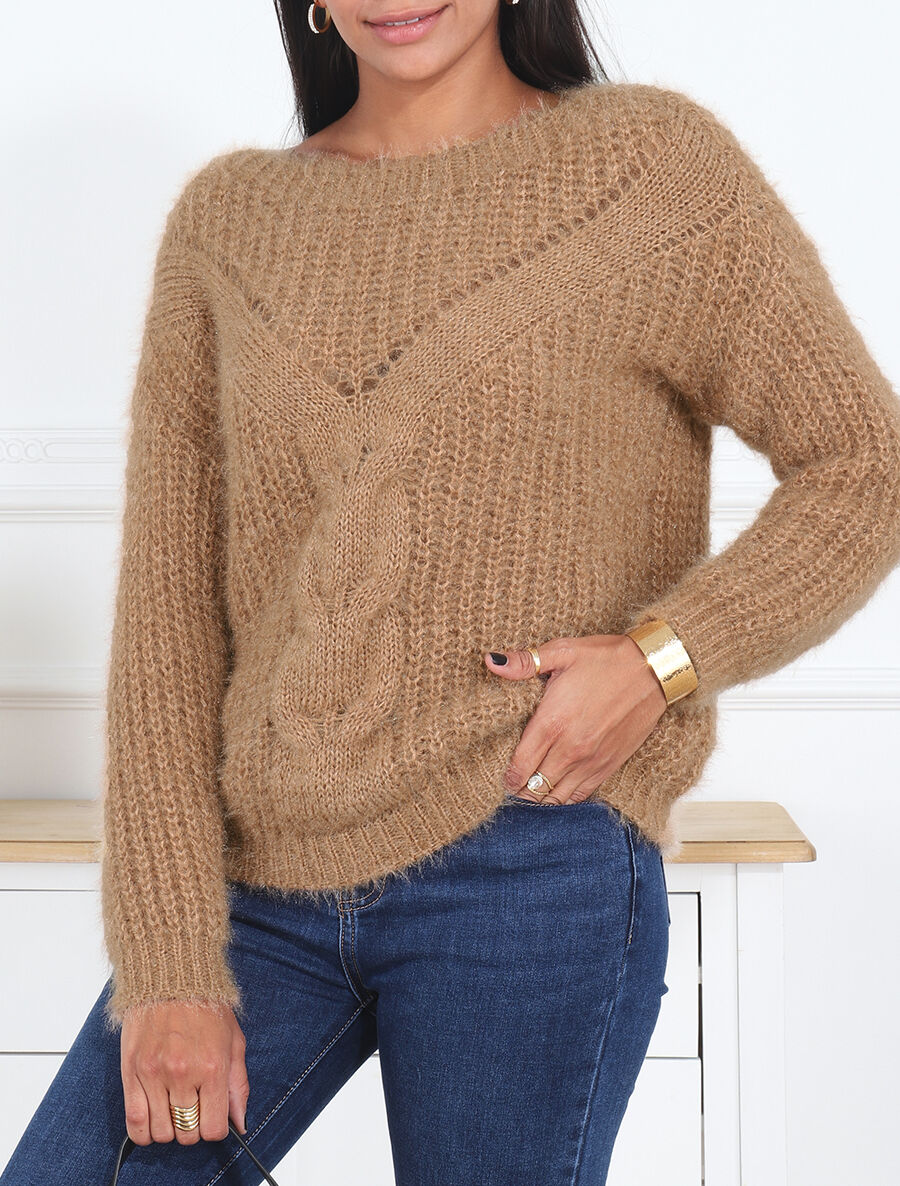Pull uni duveteux - Camel - 4