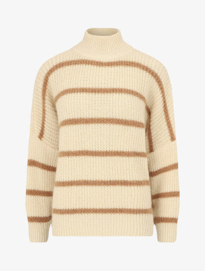 Pull duveteux rayé et col montant - Beige - 1