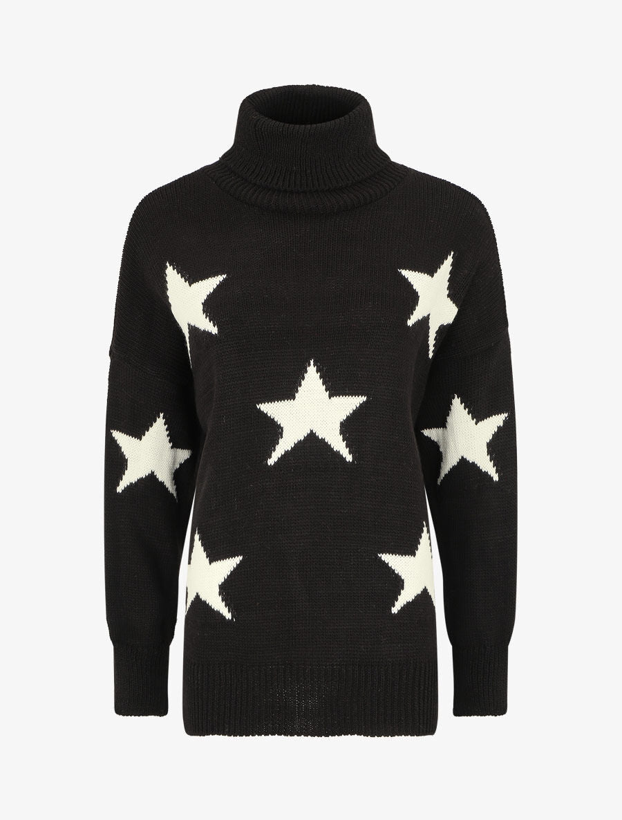 Pull col roulé à motif étoiles - Noir - 1