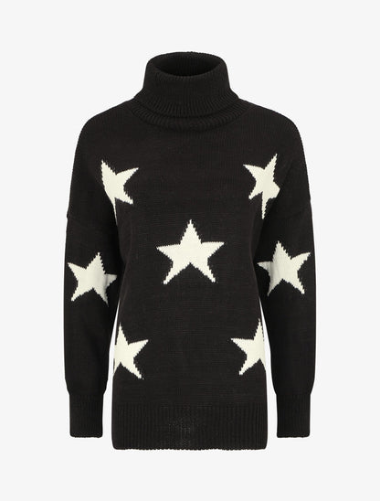 Pull col roulé à motif étoiles - Noir - 1