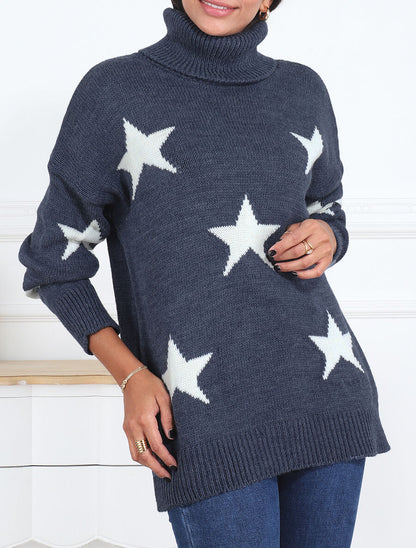 Pull col roulé à motif étoiles - Bleu - 4