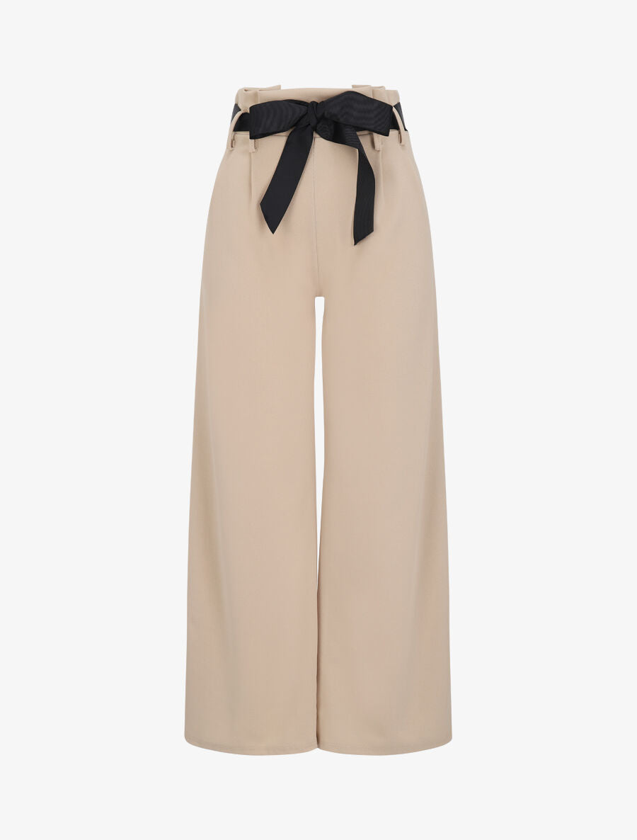 Pantalon ample à taille haute froncée - Beige - 4