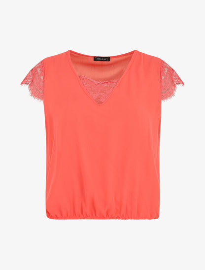 Top uni à mancherons col V et dentelle - Corail - 1