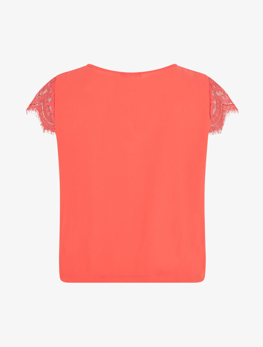 Top uni à mancherons col V et dentelle - Corail - 2